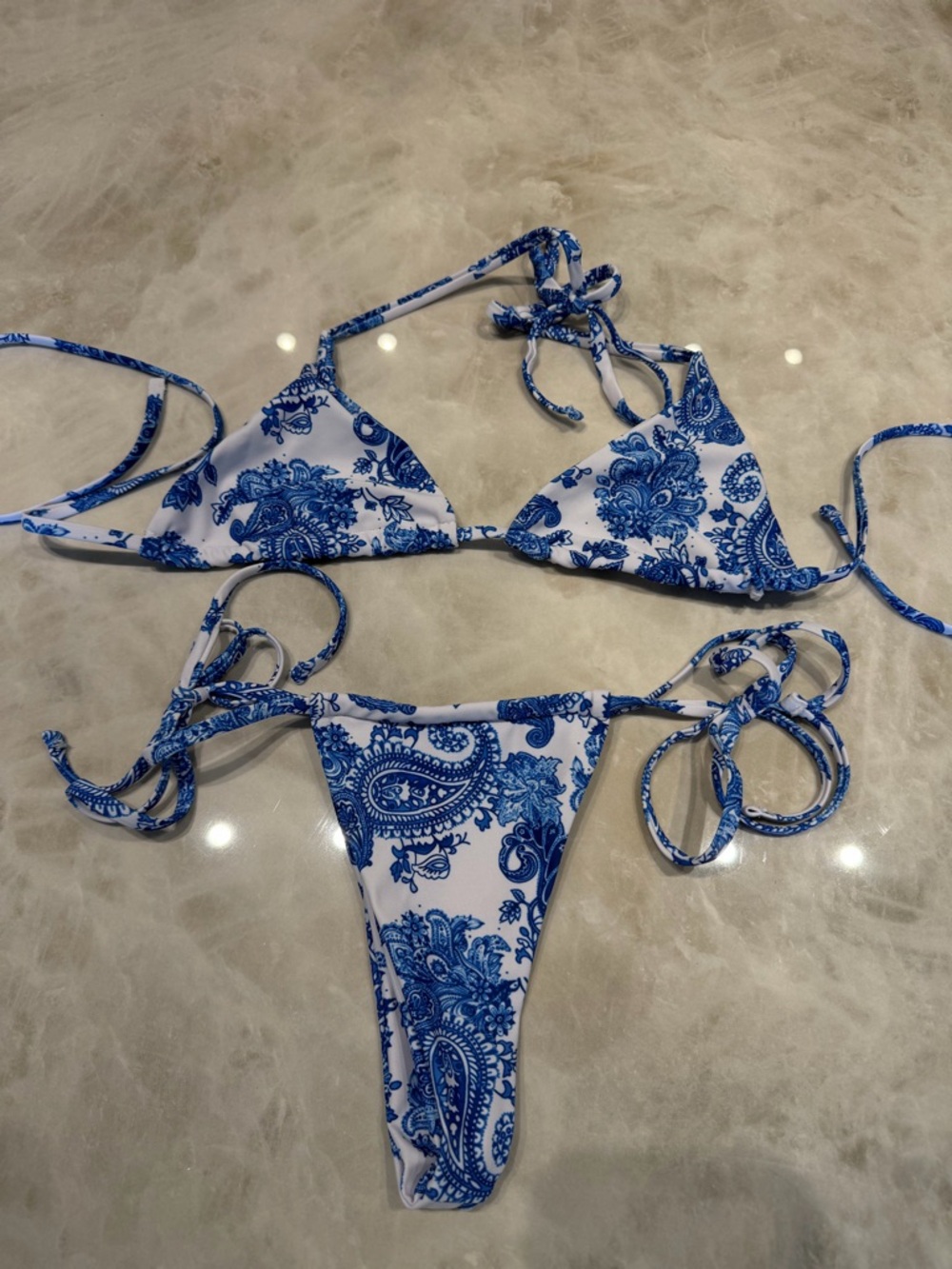 Blue Paisley Print String Bikini Set